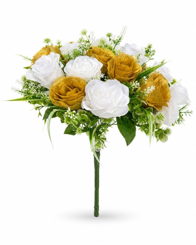 36 heads artificial rose bouquet bush gold & white