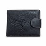 the eagle design leather wallet td 4869a is a stylish and practical men’s wallet made for everyday use. finished in a classic black leather style material, this wallet features a detailed embossed eagle head design on the front, giving it a strong, confident and eye catching look. its compact design makes it easy to carry in a trouser pocket, jacket pocket or bag, while the secure button strap closure helps keep your essentials safely in place. the contrast stitching around the edges adds a neat finishing touch and gives the wallet a smart everyday appearance. perfect for work, travel, shopping or daily use, this black eagle design wallet offers useful space for bank cards, id cards, cash, receipts and other small essentials. it is also a great gift choice for men who like bold accessories with a unique design detail.