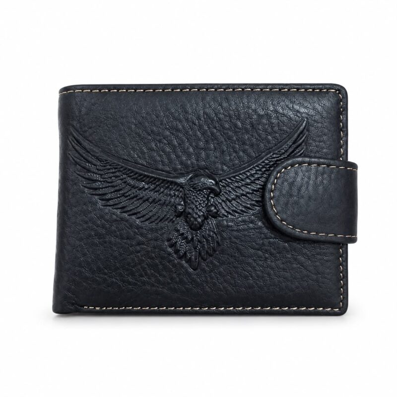 the eagle design leather wallet td 4869a is a stylish and practical men’s wallet made for everyday use. finished in a classic black leather style material, this wallet features a detailed embossed eagle head design on the front, giving it a strong, confident and eye catching look. its compact design makes it easy to carry in a trouser pocket, jacket pocket or bag, while the secure button strap closure helps keep your essentials safely in place. the contrast stitching around the edges adds a neat finishing touch and gives the wallet a smart everyday appearance. perfect for work, travel, shopping or daily use, this black eagle design wallet offers useful space for bank cards, id cards, cash, receipts and other small essentials. it is also a great gift choice for men who like bold accessories with a unique design detail.